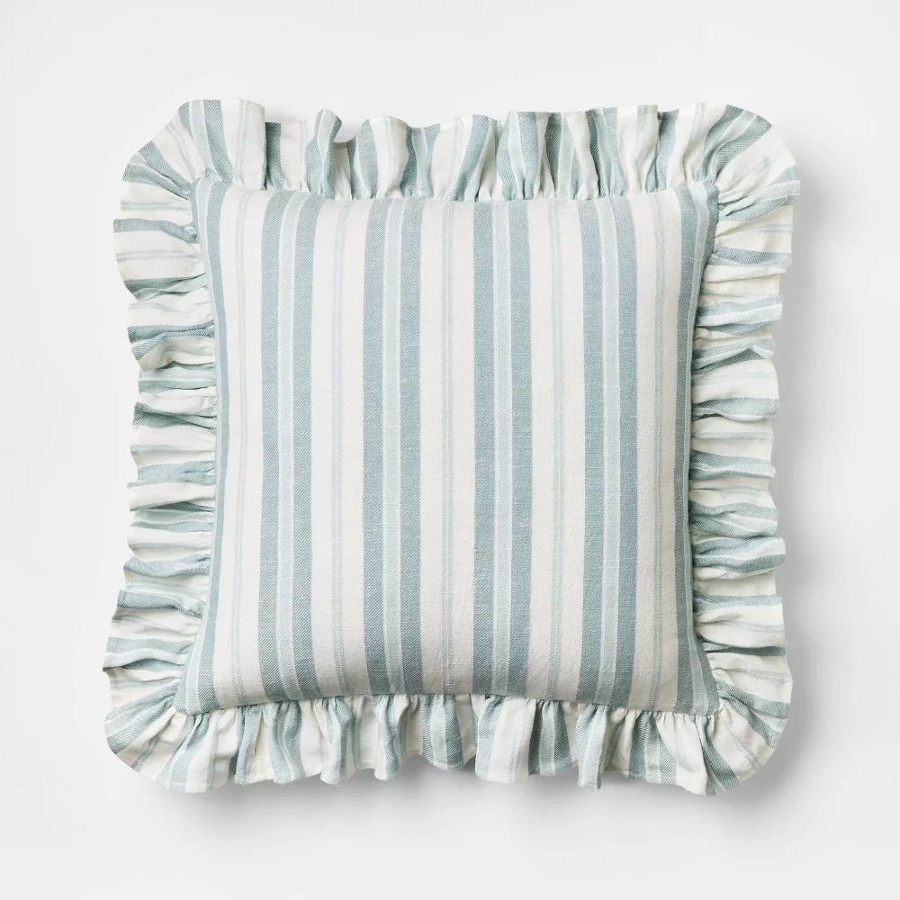 Square Woven Stripe Throw Pillow with Ruffle Blue/Ivory - Threshold Studio McGee